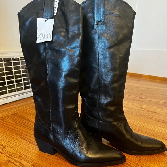 Zara Black Leather Tall Boots - Picture 3 of 4